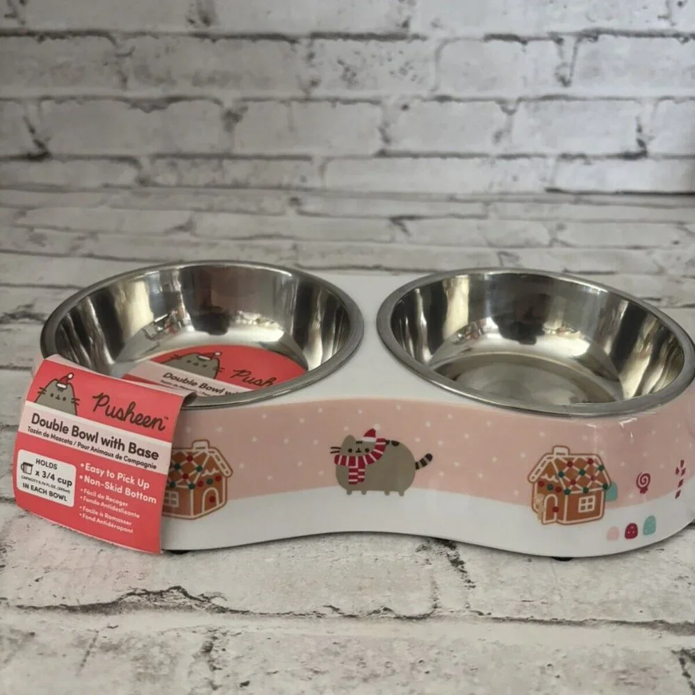 Pusheen Pet Double Bowl With Base Melamine And Metal NWT